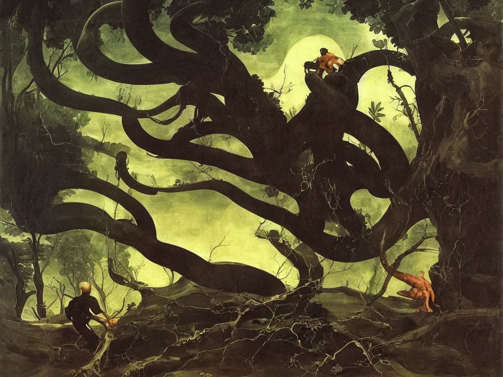 Prompt: Strange man fighting a giant snake. The tree-like animals of Andromeda. Surreal, melancholic, serene, torrential rain. Painting by Caravaggio, Caspar David Friedrich, Roger Dean