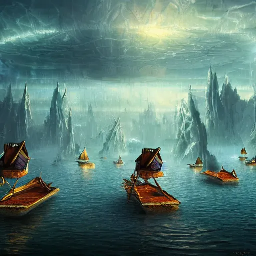 Prompt: a group of boats floating on top of a body of water, a detailed matte painting by yerkaland, cgsociety, metaphysical painting, matte painting, glitch art, dystopian art