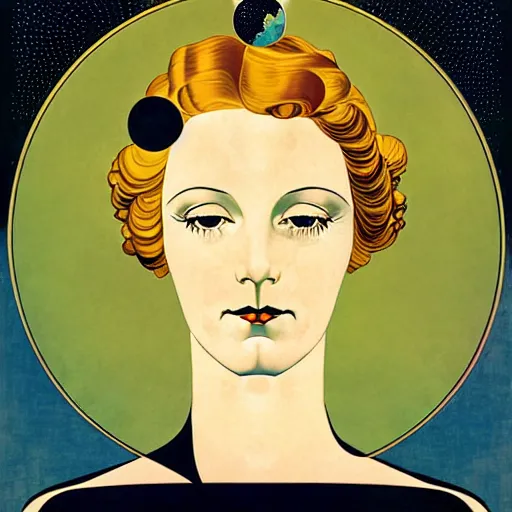 Prompt: Art in the style of Coles Phillips, Gaia, Mother Earth, stars, space, earth, ecology, side portrait