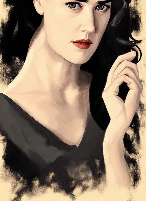 Image similar to detailed artwork by phil noto ; stylized painting of young jennifer connelly ; eva green ; young jennifer connelly from the rocketeer ; brush texture ; asymmetric composition ; paint texture ; trending on artstation ; gallery painting by phil noto, comic style