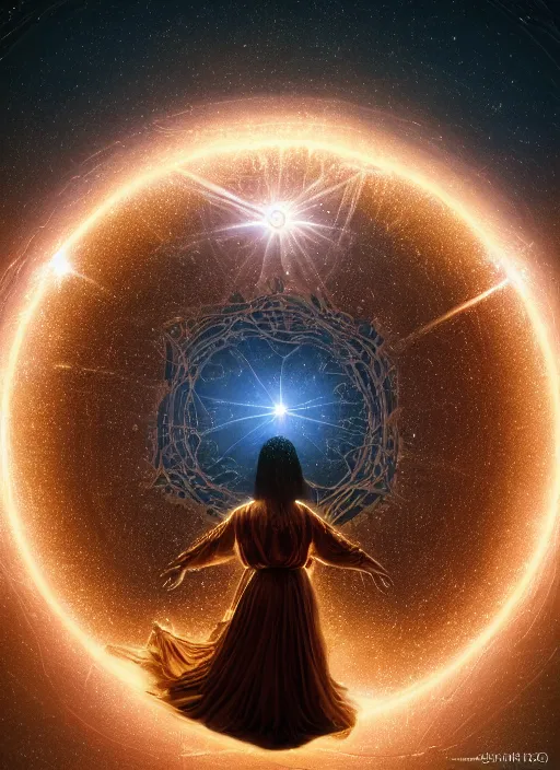 Image similar to magical birth of a human, sacral geometry, highly detailed, magic, space, epic, absolute symmetric, ring of light, by leonardo da vinci, volumetric lighting, beautiful, golden hour, sharp focus, ultra detailed, cgsociety by leesha hannigan, ross tran, thierry doizon, kai carpenter, ignacio fernandez rios, noir photorealism, film