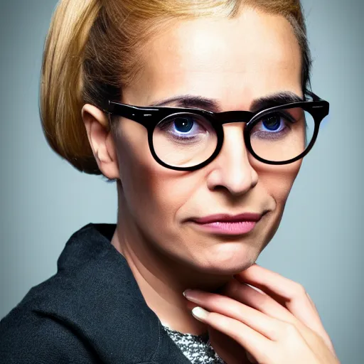 Image similar to a severe middle aged french woman with blonde hair tied in a strict bun, spectacles, lots of makeup, rich, character portrait, digital art, high quality, 8 k, detailed, d & d character,