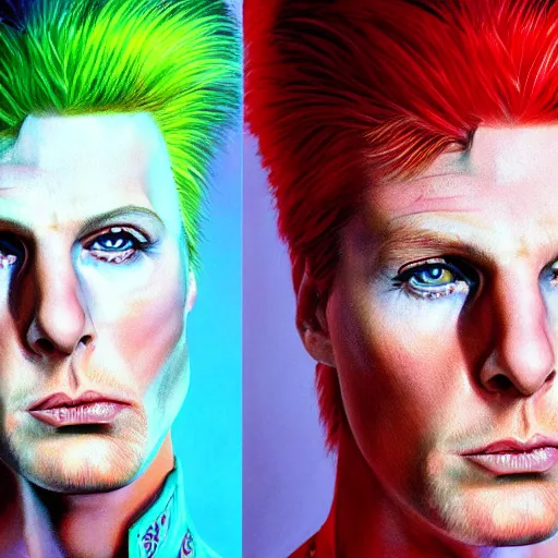 Image similar to Caricature portraits done of Ziggy Stardust, realistic, hyperrealistic, very realistic, highly detailed, very detailed, extremely detailed, detailed, oil painting, digital art, trending on artstation