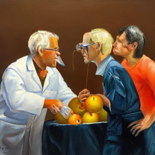 Image similar to oil painting of scientists comparing apples and oranges,