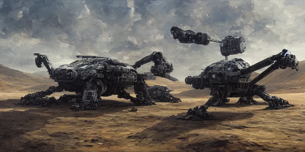 Image similar to highly detailed robotic vehicle in a scifi landscape by feng zhu, perfect geometry, hyper - detailed, sharp, beautiful, desaturated, oil on canvas