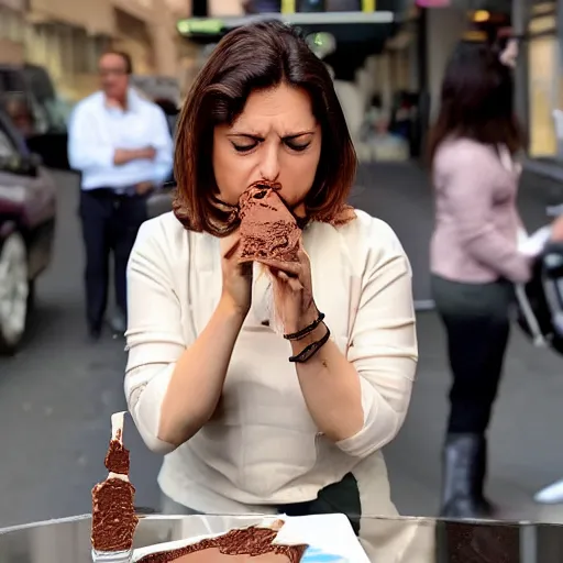 Image similar to candid photo of news female anchor face full of chocolate cream, mess, report on street