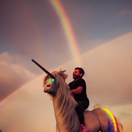 Prompt: guy vapes rainbows while riding a unicorn, hyper realistic, award winning photography, 8k, colourful,