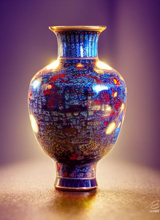 Image similar to a 2 8 mm macro photo of a broken intricate ming vase, splash art, movie still, bokeh, canon 5 0 mm, cinematic lighting, dramatic, film, photography, golden hour, depth of field, award - winning, anamorphic lens flare, 8 k, hyper detailed, 3 5 mm film grain