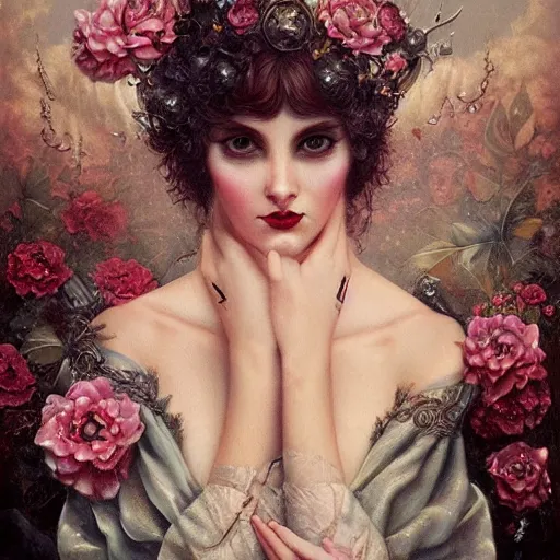 Prompt: tom bagshaw, soft painting of a curiosities carnival omnious, beautiful young aristocrat blessing flowers in full dress, perfectly detailed, symmetrical accurate intricate sensual features, highly detailed, artstation, sharp focus