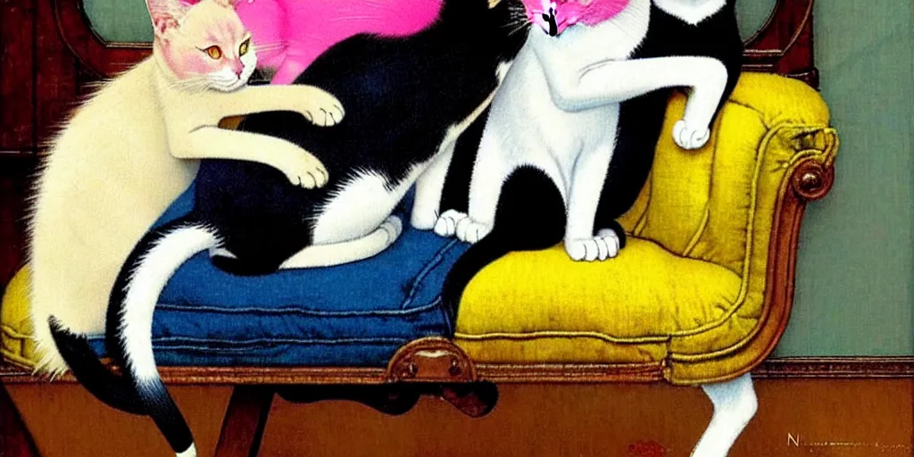 Image similar to two cats on an old armchair, blue and white hair, yellow and pink hair, style of norman rockwell