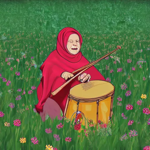 Prompt: a babushka playing drums in a field full of herbs, digital art