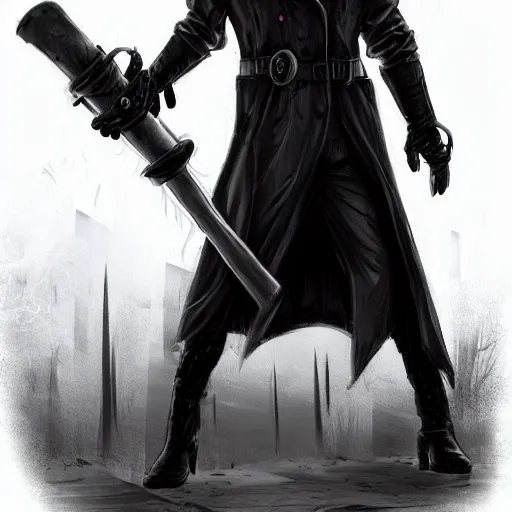 Prompt: extremely musuclar gothic firefighter detective in a dark armored trenchcoat tucked into his pants, futuristik knight, with grey skin in a long coat undead grey cloaked, sharply dressed, gas mask, bald, red sleeves, dark undershirt, belts, high boots, highly detailed, artstation