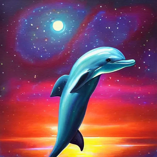 Image similar to painting, dolphin, cosmic background, artstation