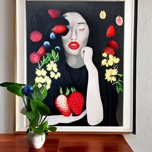 Image similar to “art in an Australian artist’s apartment, portrait of a woman wearing black silk cloth, eating luscious fresh raspberries and strawberries and blueberries, white wax, edible flowers, Japanese pottery, Australian native flannel flowers ikebana, black walls, acrylic and spray paint and oilstick on canvas”