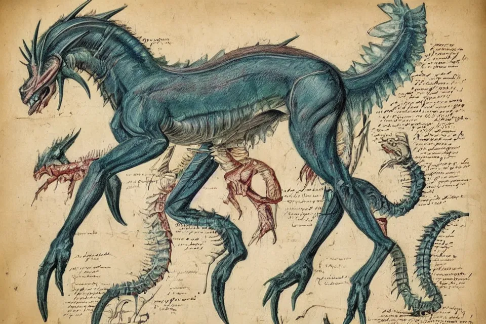 Image similar to Vintage, detailed, colored sketch of mythical creature anatomy, full body, with full descriptions, on parchment.