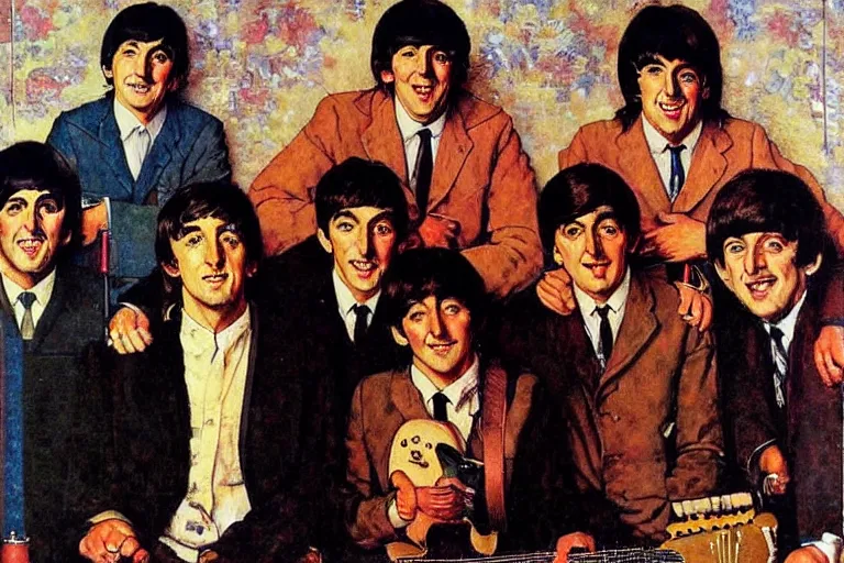 Image similar to painting of The Beatles, by Norman Rockwell