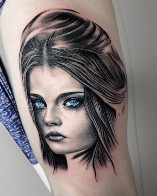 Image similar to tattoo design sketch of a beautiful blue - eyed woman face with a faded background of beautiful mountains on her side, hyper - realistic, in the style of den yakovlev, amazing detail, black and white