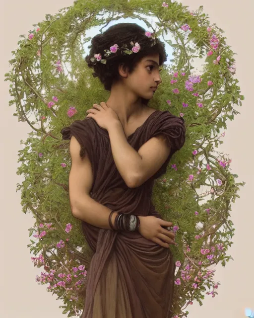 Image similar to 3 / 4 portrait, young male spring god, brown skin, dark hair, dress made of flowers and vines, beautiful, flowers, detailed field background, jewelry, artstation, artgerm, eerie, alphonse mucha, william bouguereau, rossdraws, greg rutkowski, super detailed, illustration, realistic, octane render, sharp focus, cinematic, 8 k