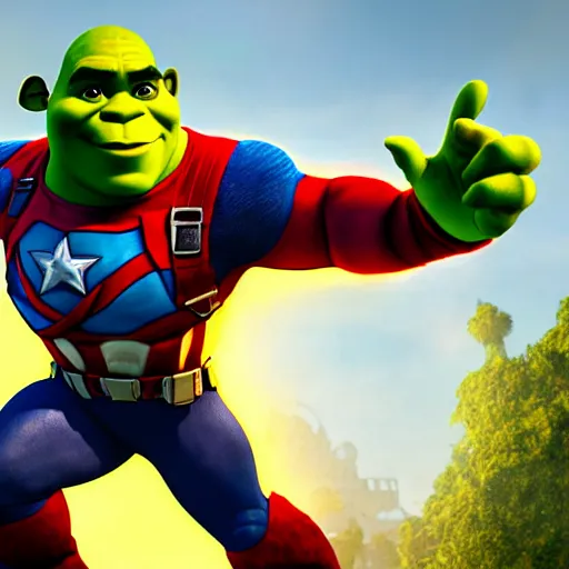 Image similar to digital painting of Shrek as Captain America, octane render, volumetric lightening, by marvel