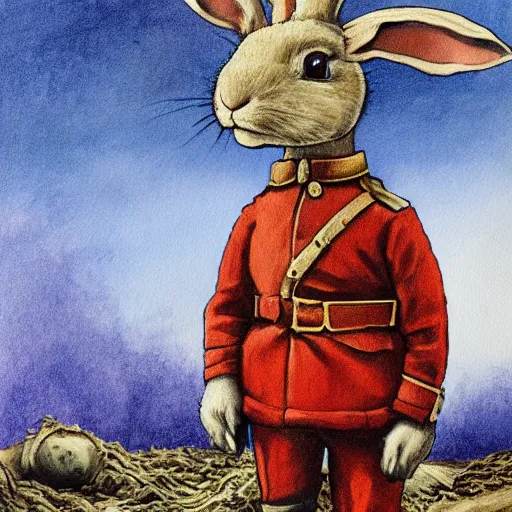 Prompt: a painting of a rabbit wearing a russian world war 1 uniform, standing at the edge of a muddy trench