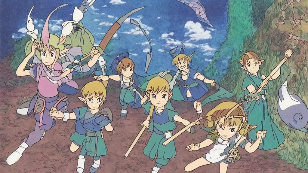 Image similar to 1 9 8 0 s “ studio ghibli ” anime featuring “ link ” with a fairy and “ princess zelda ” fighting against monsters in a dungeon labyrinth.