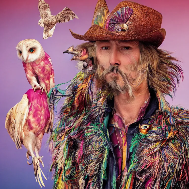 Prompt: high fashion photoshoot octane render portrait by wayne barlow and carlo crivelli and glenn fabry, a distinguished psychedelic cowboy wearing a colorful wes anderson designed cowboy costume and holding a barn owl inside a high - end exotic colorful pastel vintage boutique hotel lounge, very short depth of field, bokeh