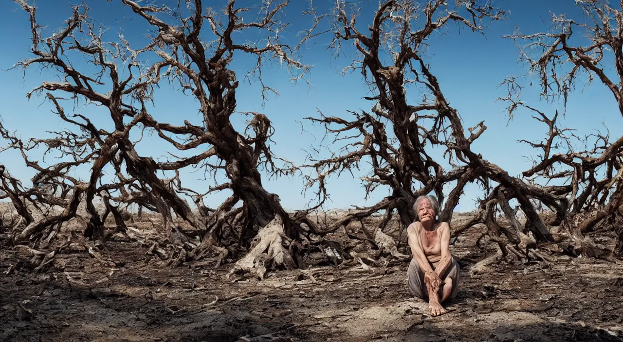 Image similar to 65-year-old Gaia, crying one single tear, facing the camera and sitting on a dried up river in a desolate land, dead trees, blue sky, hot and sunny, highly-detailed, elegant, dramatic lighting, artstation, 4k, cinematic landscape, photograph by Elisabeth Gadd