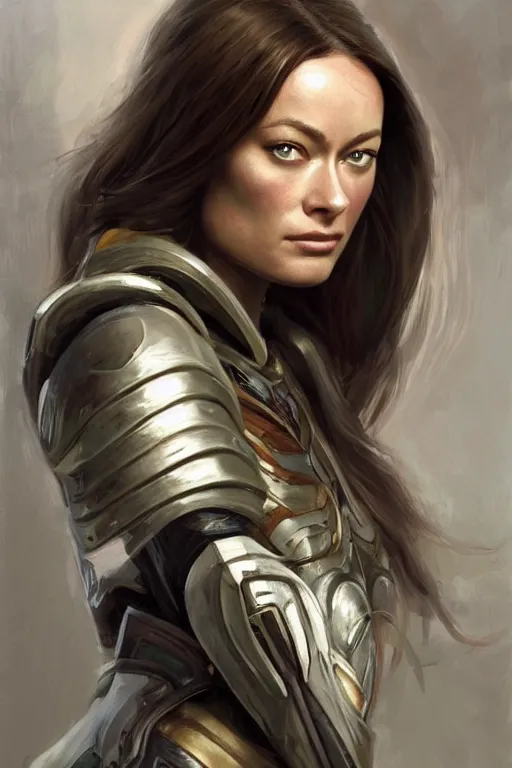 Image similar to a professional painting of a young Olivia Wilde, clothes in military armor, olive skin, long dark hair, beautiful bone structure, symmetrical facial features, intricate, elegant, digital painting, concept art, smooth, sharp focus, illustration, from StarCraft by Ruan Jia and Mandy Jurgens and Artgerm and William-Adolphe Bouguerea