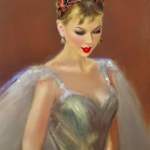 Image similar to Taylor Swift at the Russian ball, ballerina, 1950s, modest, elegant clothing, tiara, mild impressionism, award winning, photorealistic, by Ilya Repin