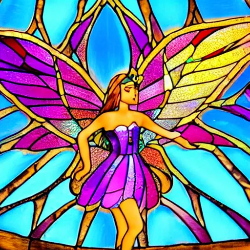 Prompt: A colorful and pretty fairy with big wings, flares, stained glass style