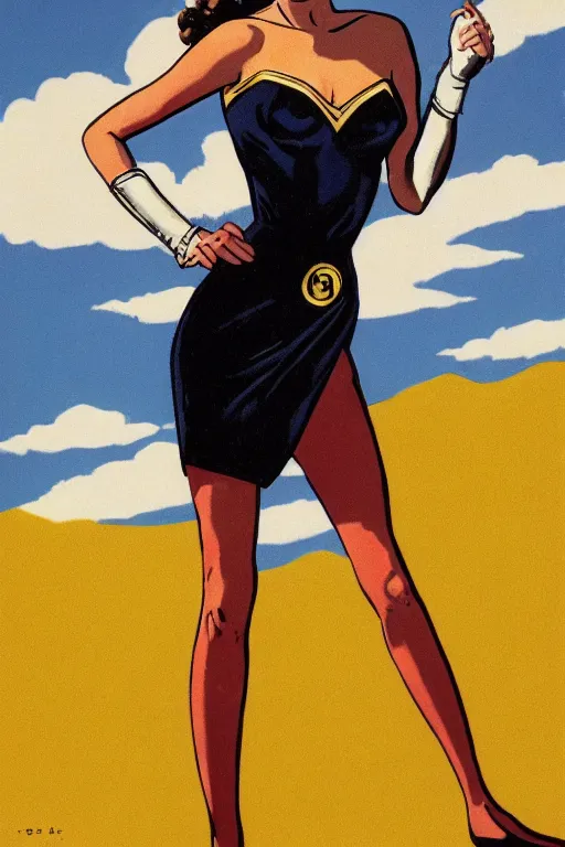 Prompt: full body portrait of gal gadot in the style of bill medcalf, blue sky with a few clouds, retro, 1 9 5 0, 4 k, detailed, 1 / 3 headroom, rule of thirds