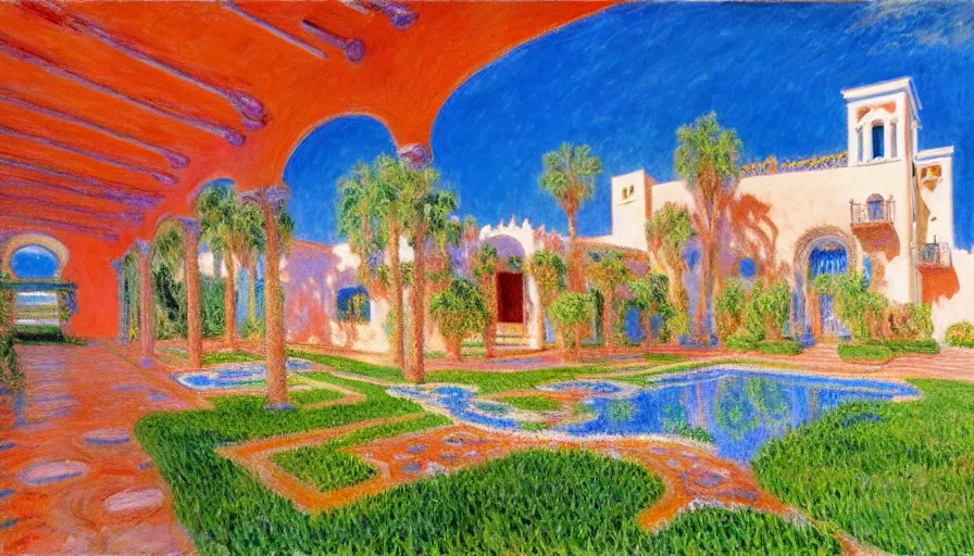 Prompt: a 1 9 9 8 southern spain palace!!! costa blanca, designed by claude monet, bispo do rosario, arnold bocklin, tarsila do amaral and gustave baumann, cheval michael, warm, mediterranean, star, sharp focus, colorful refracted sparkles and lines, soft light, 8 k 4 k