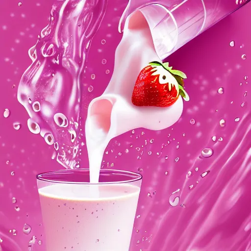 Image similar to a hyperdetailed strawberry milk poster, floating milk fluid, there are no cups or bottles, 4 k hd wallpaper illustration, package cover