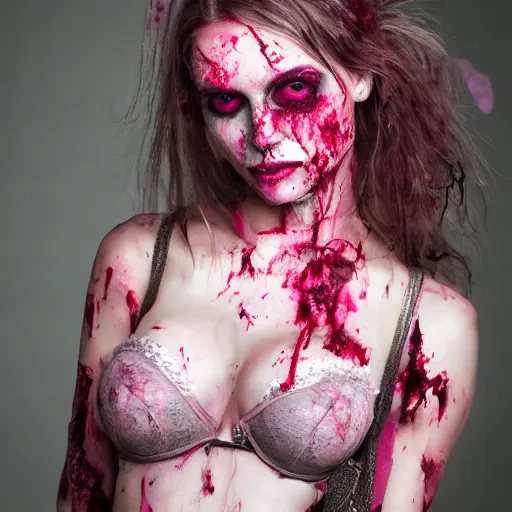 Image similar to a dirty grungy zombie girl wearing pink lace victoria secret, studio portrait,