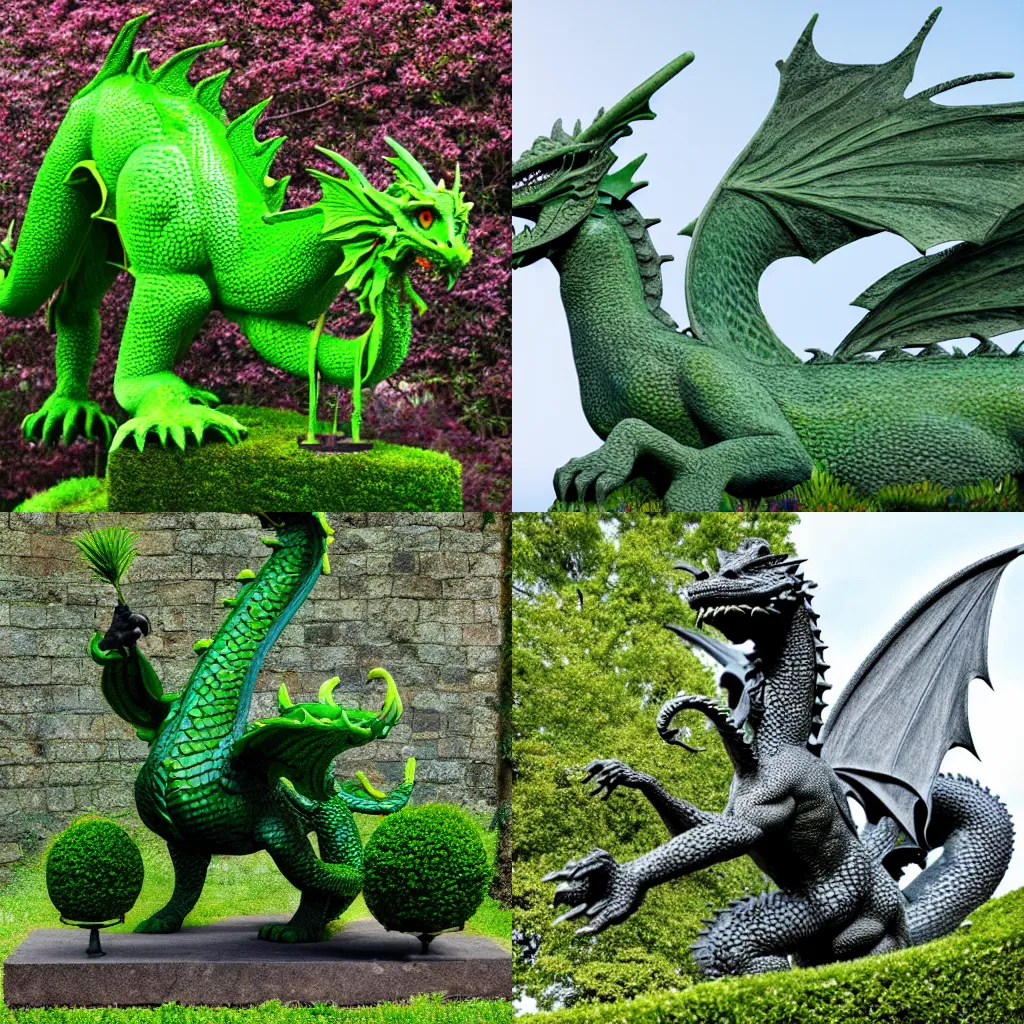 Prompt: Topiary Statue Of A Dragon, 4K, Photorealistic