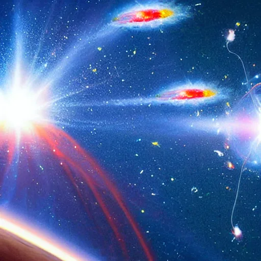 Prompt: people surfing in space on supernova's explosion