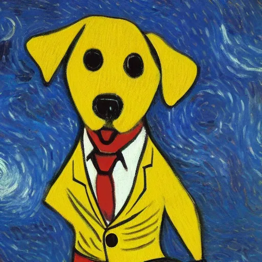 Image similar to dog in suit dancing, style of van gogh, 4k