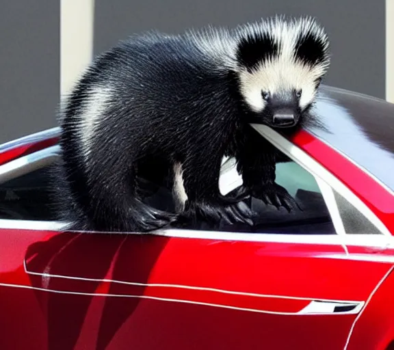 Image similar to elon musk dressed like a skunk, closeup detailed, tesla car, studio photo