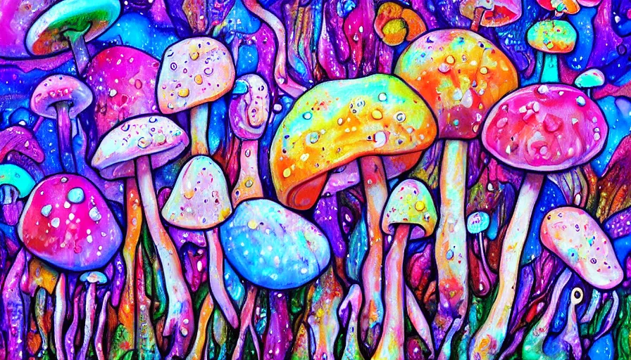 Image similar to trippy mushrooms, sweet dreams, painting on canvas, watedrops, water droplets, acrylic painting, acrylic pouring, painting, influencer, artstation - h 8 0 0