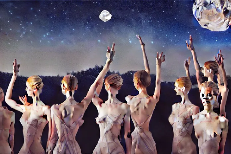 Image similar to 3 d, close - up, night, group of fashion models standing in a night lake with their hands raised to the bright moon, moon ryas, vogue cover style, intricate oil painting, high detail, figurative art, multiple exposure, poster art, 3 d, by stanley kubrick and tooth wu and wlop and beeple