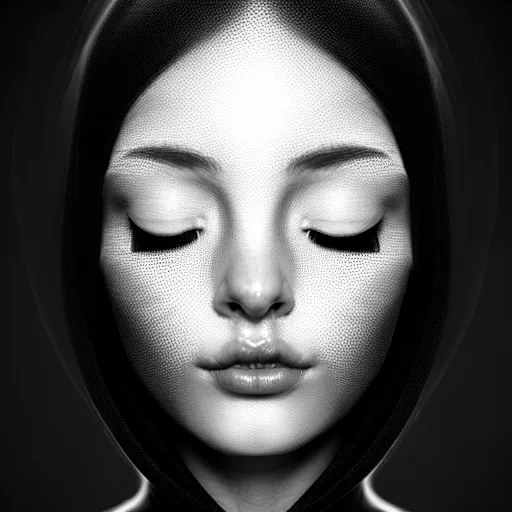 Image similar to black and white portrait of a young beautiful woman with eyes closed and a face covering mask. fractal and mandelbulb, speed painting and scribble art, octane render, behance and artstation, intricate detail, beautiful, moody, cinematic, art deco, surrealism, futurism.