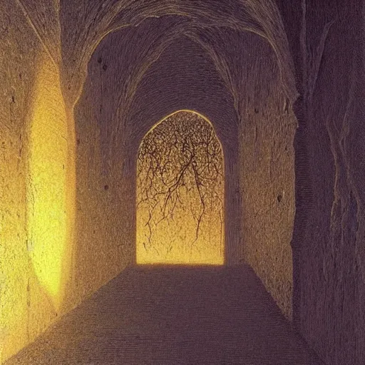 Prompt: castle walls, inner light. Concept art. Beksinski