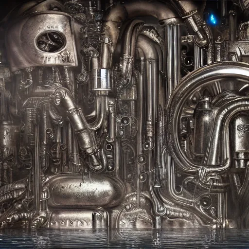 Image similar to a stream of water entering a machine made from organs and producing a coin in the style of H R Giger, 8k, dynamic lighting