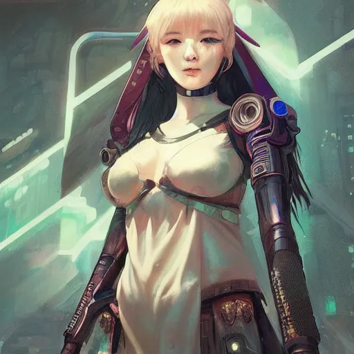 Image similar to cyberpunk japanesse girl, with techware, d & d, intricate, elegant, highly detailed, digital painting, japanese, unreal engine 5, trending on artstation, concept art, studio ghibli, illustration, art by artgerm and greg rutkowski and alphonse mucha