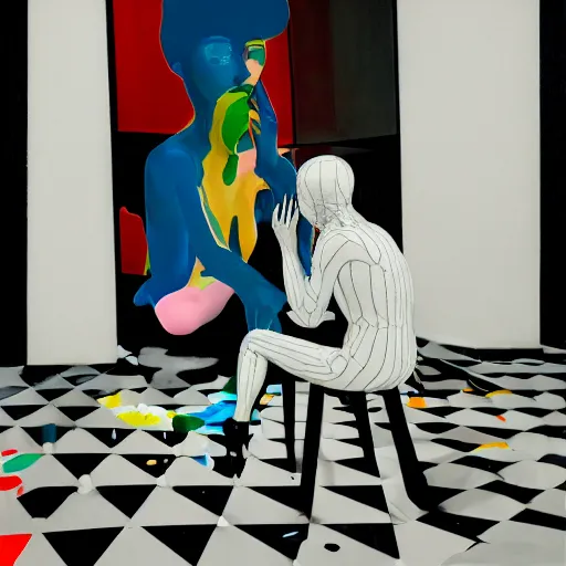 Image similar to portrait of a morphed gamer sitting on a stool looking into a mirror doing makeup by james jean and luc tuymans and beeple and hernan bas and pat steir and hilma af klint, psychological, 3 d, dripping paint, monochrome, high quality render, masterpiece