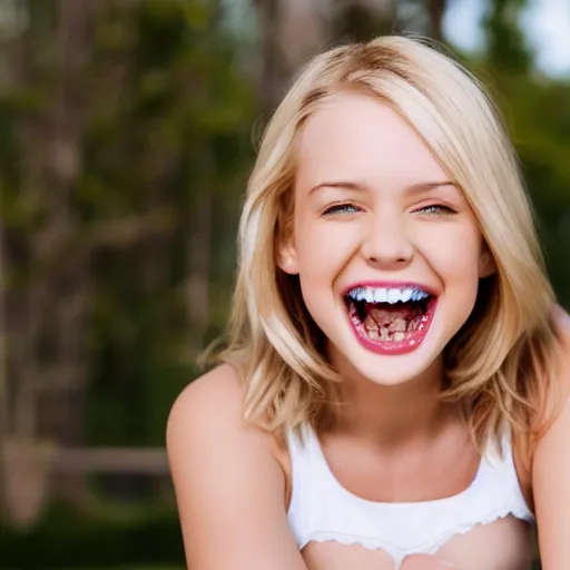 Prompt: photo of cute blonde girl smiling with braces