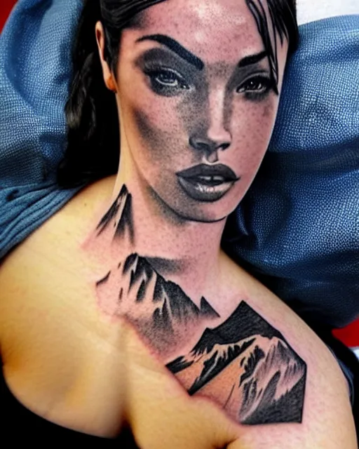 Prompt: double exposure effect tattoo design sketch that combines megan fox with beautiful mountain scenery, realism tattoo, in the style of den yakovlev, amazing detail, sharp