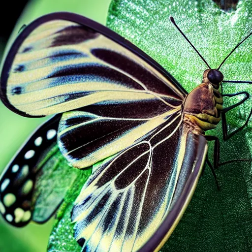 Prompt: extreme close up of a whispery translucent muted iridescent low energy huge butterfly resting on a torn piece of ripe watermelon.