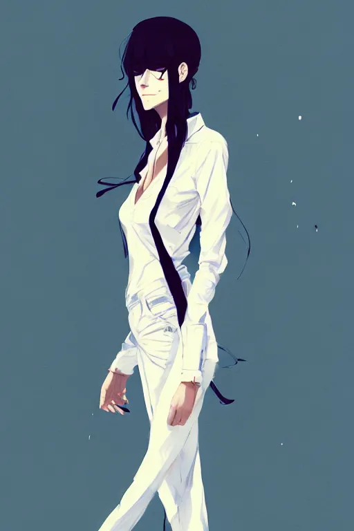 Image similar to a ultradetailed full body portrait of a woman dressed in a white shirt with a tie, by conrad roset, greg rutkowski and makoto shinkai trending on artstation