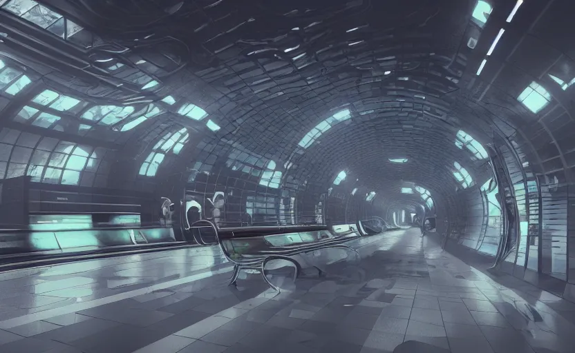 Prompt: Futuristic cyber subway station , gloomy and foggy atmosphere, octane render, artstation trending, horror scene, highly detailded